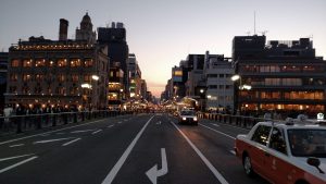City street at dusk with two lanes
